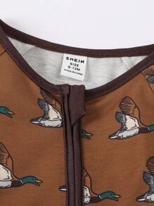 SHEIN Playful Pals Kids Fall Winter Long Sleeve Zip Romper, Retro Brown Cute Duck Print, Great For Daily Trips, Free Movement For Crawling & Walking - Brown - View 4