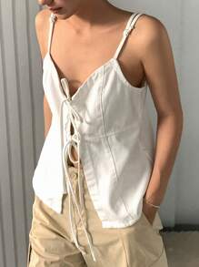 DAZY Top de tirantes atados de unicolor de mezclilla para mujer, verano - Beis - Ver 2