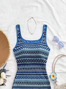 Soleia Women Casual Wave Striped Square Neck Slip Dress Spring Summer Outfits For Women Boho Beach West Music Festival Holiday Date Night Afternoon Tea Blue Knit Dress Blue Summer Dress Bodycon Dress Striped Knit Dress Tummy Control Dress