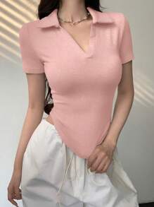 DAZY 新款春夏女款白色 Polo 领短袖 T 恤 - 粉色 - 查看 5