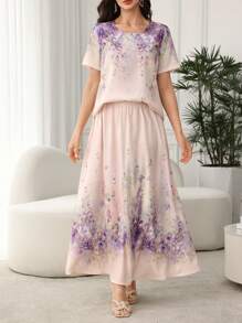 Lacomfia 2 件优雅女士服装：印花套头衫和中长裙套装，夏季 - 彩色 - 查看 5