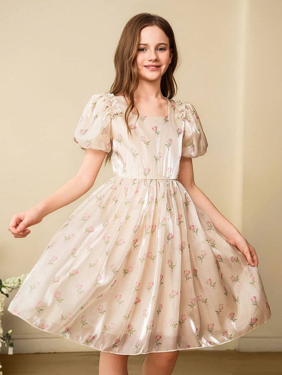 SHEIN 女童法式碎花泡泡袖公主裙，珍珠镶嵌甜美荷叶边礼服 - 杏色 - 查看 1
