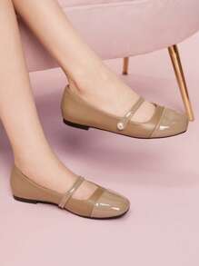 CUCCOO DOLLMOD 时尚杏色圆头仿珍珠装饰绑带芭蕾平底鞋，舒适通勤、聚会、购物、度假穿着 - 杏色 - 查看 3