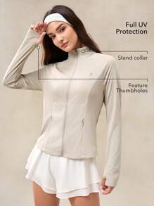 OutZeal 女士防晒夹克 健身服 夏季长袖上衣 防紫外线 凉爽触感 修身剪裁 带拉链口袋和拇指孔