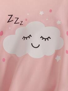2 件套女婴云朵图案睡脸印花粉色全云设计袖口腿下摆迷你睡袍套装 - 彩色 - 查看 8