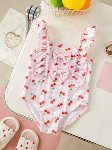 Baby Girl Cherry Check Print Ruffle One-Piece Swimsuit For Beach Holiday - Pink - View 3