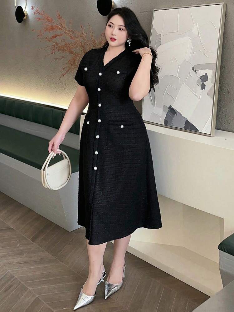Dazy Plus Black V-Neck Solid Color Wrap Short Sleeve Long Dress Milkmaid Dress Professional Dresses For Women