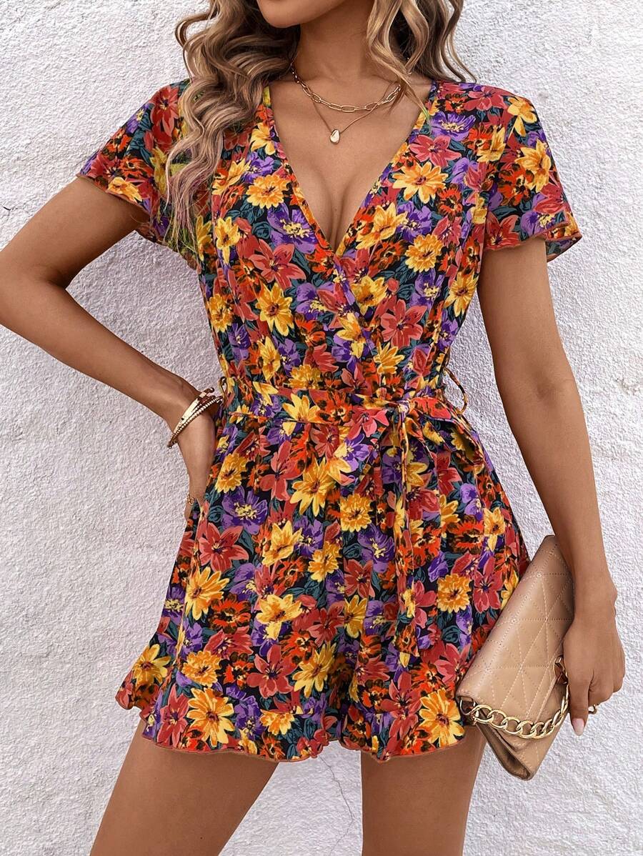 SHEIN Clasi Mono informal con estampado de flores en todo el diseño - Amarillo - Ver 1