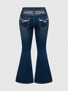 ROMWE Grunge Punk Plus Size Casual Washed Denim Jeans With Wing Embroidery - Blue - View 1