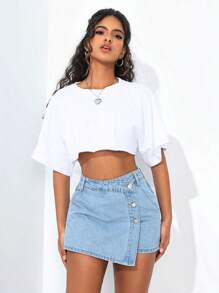 SHEIN PETITE Women's Asymmetrical Design Washed Denim Shorts For Summer - Blue - View 3