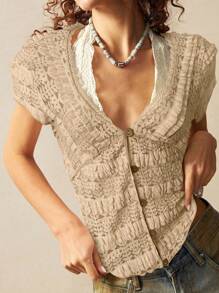 Bohemela Áo cánh tay ngắn cổ chữ V màu trơn dành cho nữ - Màu Khaki - Xem 1