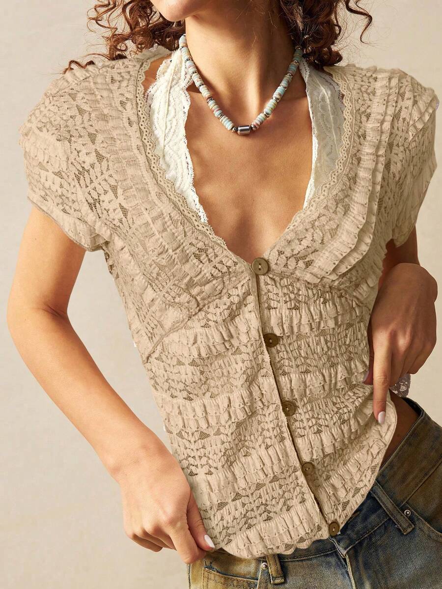 Bohemela Áo cánh tay ngắn cổ chữ V màu trơn dành cho nữ - Màu Khaki - Xem 1