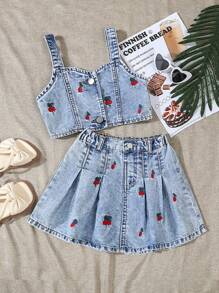 Young Girls Denim Two Pieces Outfits - Medium Wash - View 1