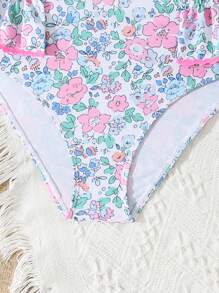 Conjunto de tankini y bikini con escote cuadrado, volantes y estampado floral para niñas preadolescentes - Rosa - Ver 3
