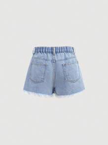 SHEIN Girlism Shorts di jeans eleganti da ragazza tween, lavaggio chiaro, effetto vissuto, con fiocco, inserti in tasche, perle finte e orlo sfrangiato, adatti per vacanze primaverili ed estive, festival