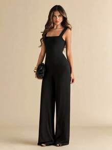 SHEIN BAE Women's Elegant Black Sleeveless Backless Tie Waist Jumpsuit, Sexy & Chic, Suitable For Daily, Dates, Parties, Holidays, Going Out, Romantic Occasions, Spring/Summer