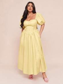 SHEIN BAE Damen Große Größen Kleidung Hochzeitskleider Brautjungfernkleider Minikleidern Partykleider Datumskleider Urlaubskleider Damen Große Größen Sommer Damen Große Größen Sommer Süße Puffärmel Cups Detail Aufwendige lange Maxikleider, Sommerkleider für Damen