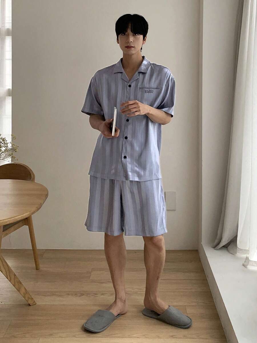 DAZY 1 Bộ đồ ngủ sọc xám trơn mùa hè cho nam - Xám - Xem 1