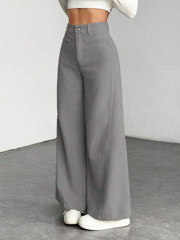 SHEIN PETITE Pantaloni largi, casual, versatili, de culoare uni, cu talie înaltă