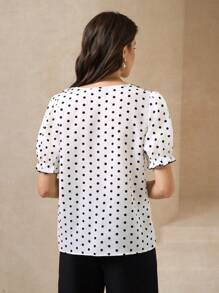 Amorya Damska koszula w kropki, z blokami kolorów, rękawami bąbelkowymi, falbankami z czarnym brzegiem i listwą na guziki