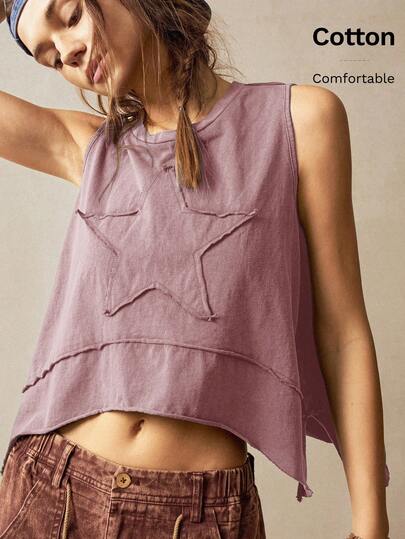 Bohemela Ladies' Casual Solid Color Knit Round Neck Sleeveless Loose Asymmetrical Hem T-Shirt With Star Embroidery Pattern Women Sleeveless Tops Cotton Tops Women Summer Casual Tops Women Summer Comfy Tops Star Tops