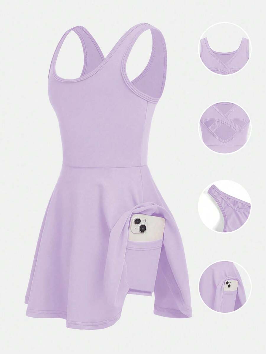 Váy dây mảnh màu tím kèm quần legging, thiết kế khoét sâu chữ thập sau lưng cho bé gái - Màu tím - Xem 1