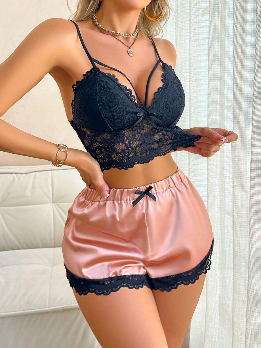 Conjunto de lencería femenina sexi con decoración de encaje - Rosa coral - Ver 1