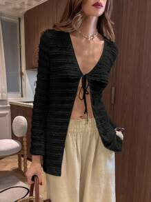 Pariaura Knitted Flare Sleeve Fitted Thin Cardigan Fall Winter Cloth For Women - Black - View 5