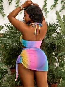 Slaydiva Plus Size Women's 3 PiecesGradient Color Printed Strappy Mesh Skirt Beach Resort Sexy Bikini Set For Summer Beach Vacation - Multicolor - View 2