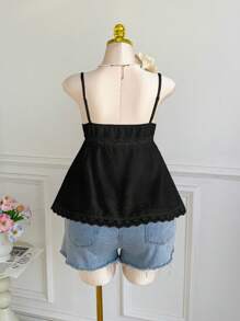 Comfortcana 蕾丝拼布纽扣设计无袖上衣，黑色，夏季 - 黑色 - 查看 2