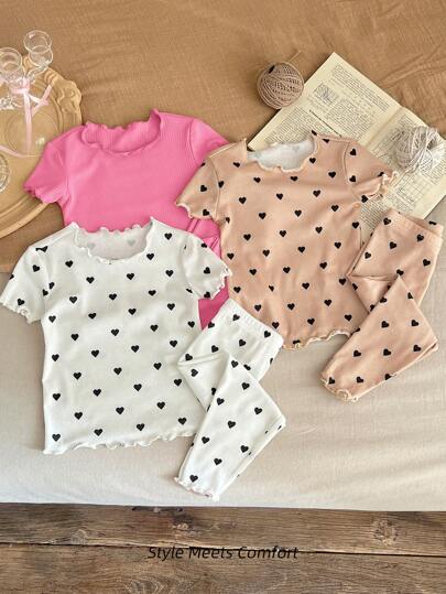 SHEIN LMoss Kids 6pcs/Set Baby Girl Baby Girls Heart Pattern Ruffle Trim Round Neck Short Sleeve Pajama Set, Soft & Skin-Friendly