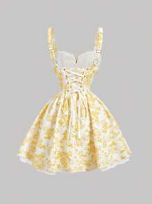 SHEIN MOD 女式黄色和白色印花蕾丝花边吊带迷你连衣裙，背部交叉，春季约会装，情人节 - 黃色 - 查看 2