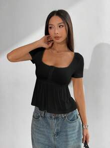 SHEIN EZwear 女士休闲方领短袖黑色T恤上衣，夏季 - 黑色 - 查看 4