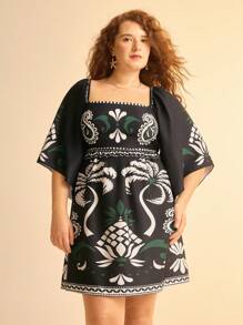 CAJUNI Vestido corto de manga de murciélago y cuello cuadrado con estampado floral de árboles de coco y piñas negras para mujer de talla grande, de uso casual en la playa y vacaciones - Multicolor - Ver 7