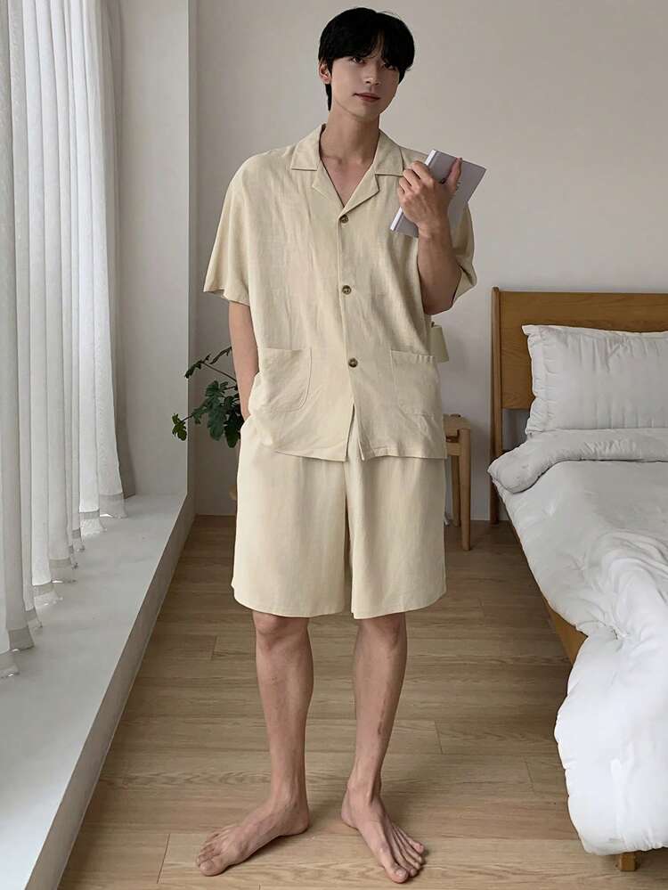 Plain Khaki Shirt Paired With Men's Summer Loungewear Set Pajama