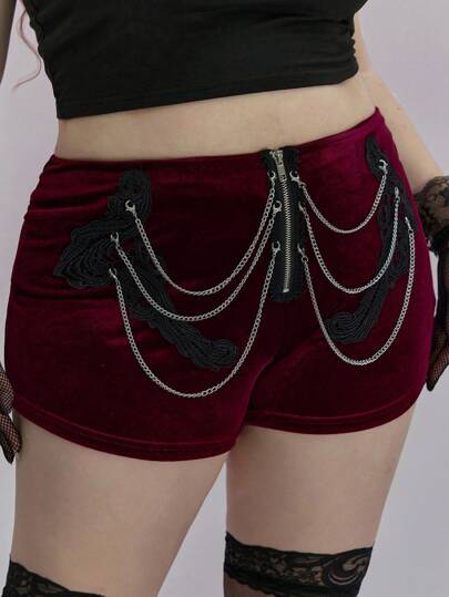 Grunge Punk Short en velours luxueux de style sexy avec chaîne en métal et fermeture éclair à l'avant, broderie florale, grande taille, couleur rouge vin