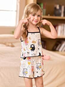 SHEIN 3件套少女可爱卡通印花吊带背心和短裤套装 - 彩色 - 查看 3