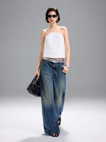 LYSMO Áo trễ vai cổ yếm buộc dây mùa hè mới 2025 dành cho nữ, thiết kế hở lưng, đính đinh tán, phong cách hot girl, táo bạo và tiên phong - trắng - Xem 4