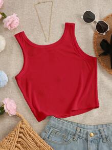 INAWLY Top corto con cuello redondo y bordado floral diminuto para mujer - Rojo - Ver 2