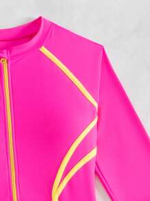 SHEIN Swim SPRTY 1 pieza Traje de baño de una sola pieza para mujer con diseño de cremallera, unicolor y parches en color neón - Rosa Fucsia - Ver 6
