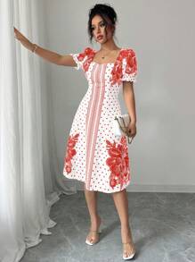 Elenzga 泡泡短袖花卉波点印花A字优雅连衣裙