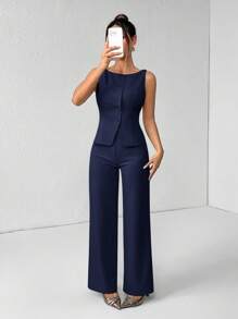 SHEIN PETITE Women's Solid Color Round Neck Single-Breasted Vest And Pants Elegant Commuter Suit, Summer Fall Women Clothes Women Set Office Wear Business Casual Women Two Pieces Outfits Fall Women Office Wear Women Set Women Blazers Set Office Outfits For Women Business Women Attire Professional Women Clothes