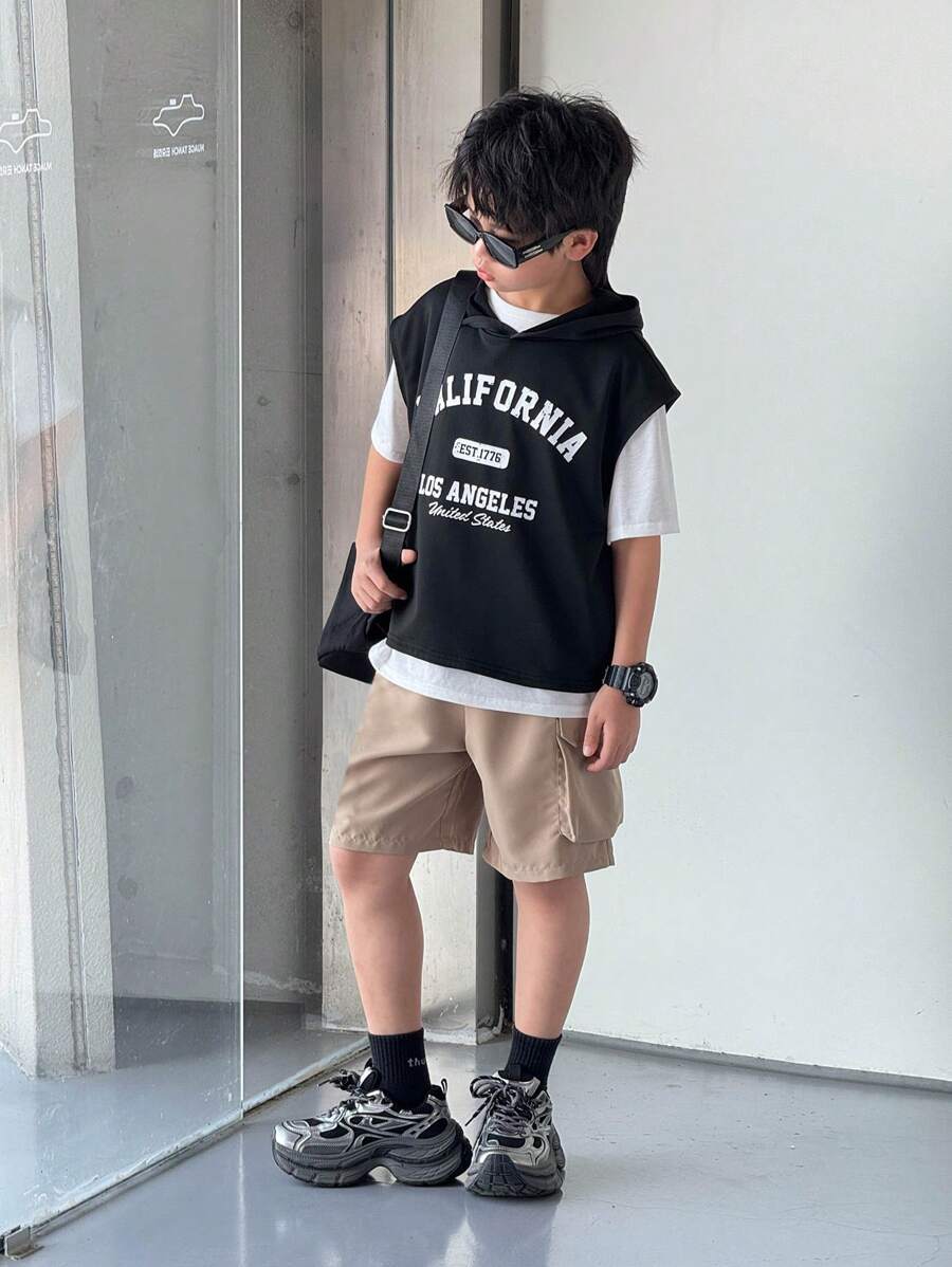 SHEIN Leap Crew 3pcs/Set Tween Boys Casual Loose Fit Black Hooded Vest, White Knit Round Neck T-Shirt, And Khaki Elastic Waist Cargo Pocket Shorts Outfit - Black - View 1