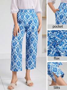 Miaspire Retro Printed Women's Long Pants, Spring/Summer Vacation - Blue and White - View 1
