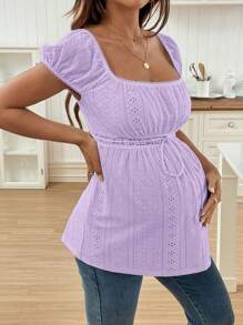 Lyckli Camiseta de mujer embarazada de cuello cuadrado, manga raglán y textura de jacquard con fruncido en unicolor - Morado - Ver 3
