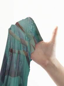 SHEIN Swim New Summer Green Leaf Random Print V-Neck Short Sleeve Mesh Drawstring Waist Mid-Length Beach Cover Up For Women - Multicolor - View 5