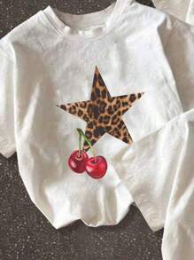 Camiseta de mujer de cuello redondo con estampado de cerezas, primavera/verano - Blanco - Ver 4