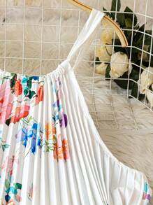 SHEIN LUNE Robe longue imprimée florale avec col ras-du-cou, nœud papillon, plissée en forme de A. Élégante et romantique, grande taille, été - Multicolore - Voir 4