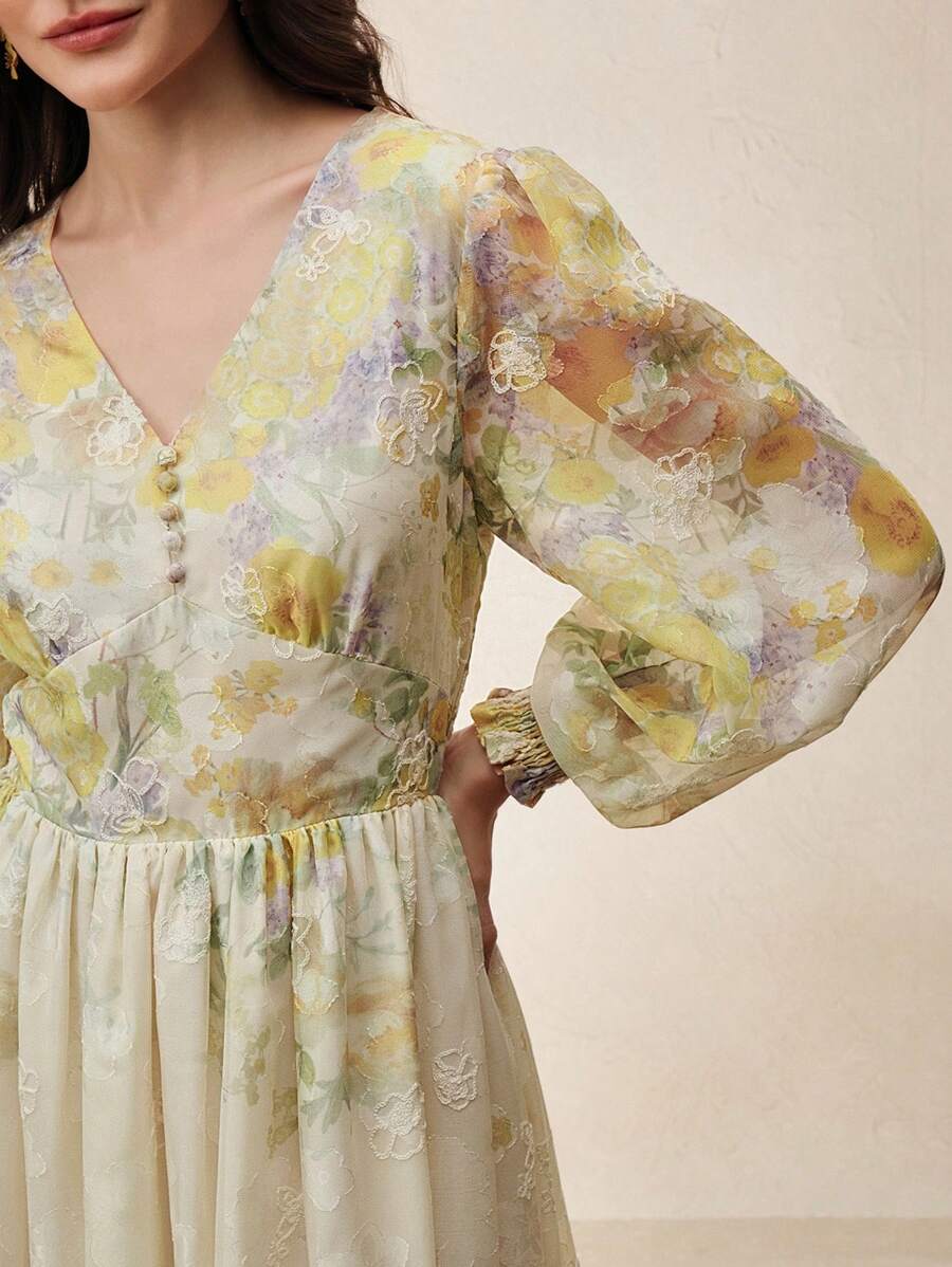 Anewsta Đầm Maxi Cổ Chữ V Tay Dài Thanh Lịch Họa Tiết Hoa Ditsy Cho Nữ - Màu vàng - Xem 1