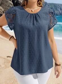 EMERY ROSE Plus Size Women Round Neck Short Sleeve Casual Blouse Summer Tropical Vacation Modest Top For Beach - Blue - View 6